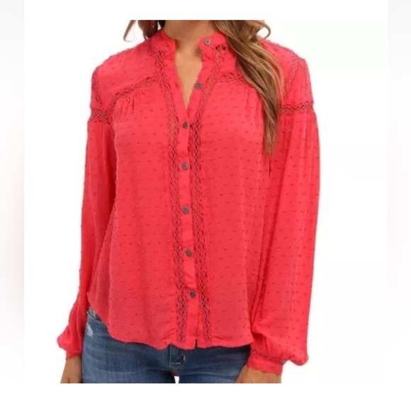 Free People Everyday Girl Swiss Dot Embroidered Button Down Shirt Size Medium - Picture 1 of 6